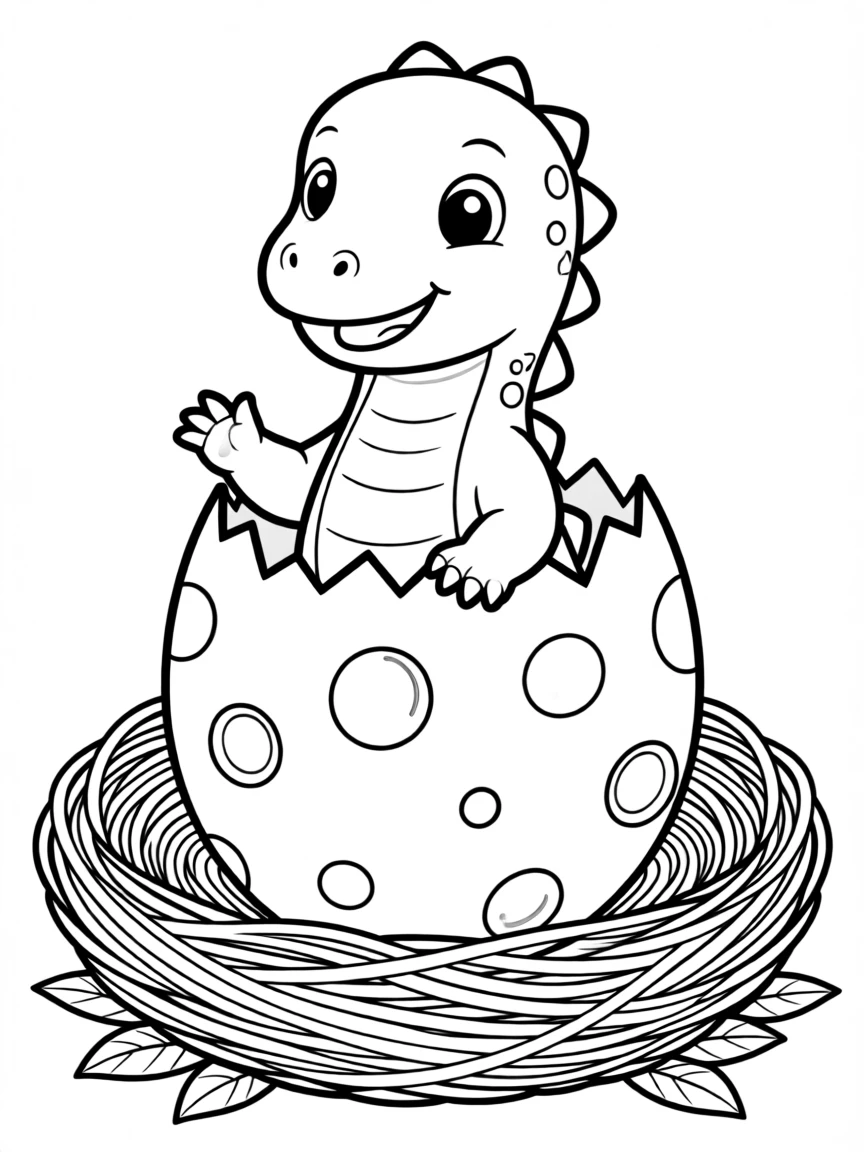 A baby dinosaur hatching from a speckled egg in a nest