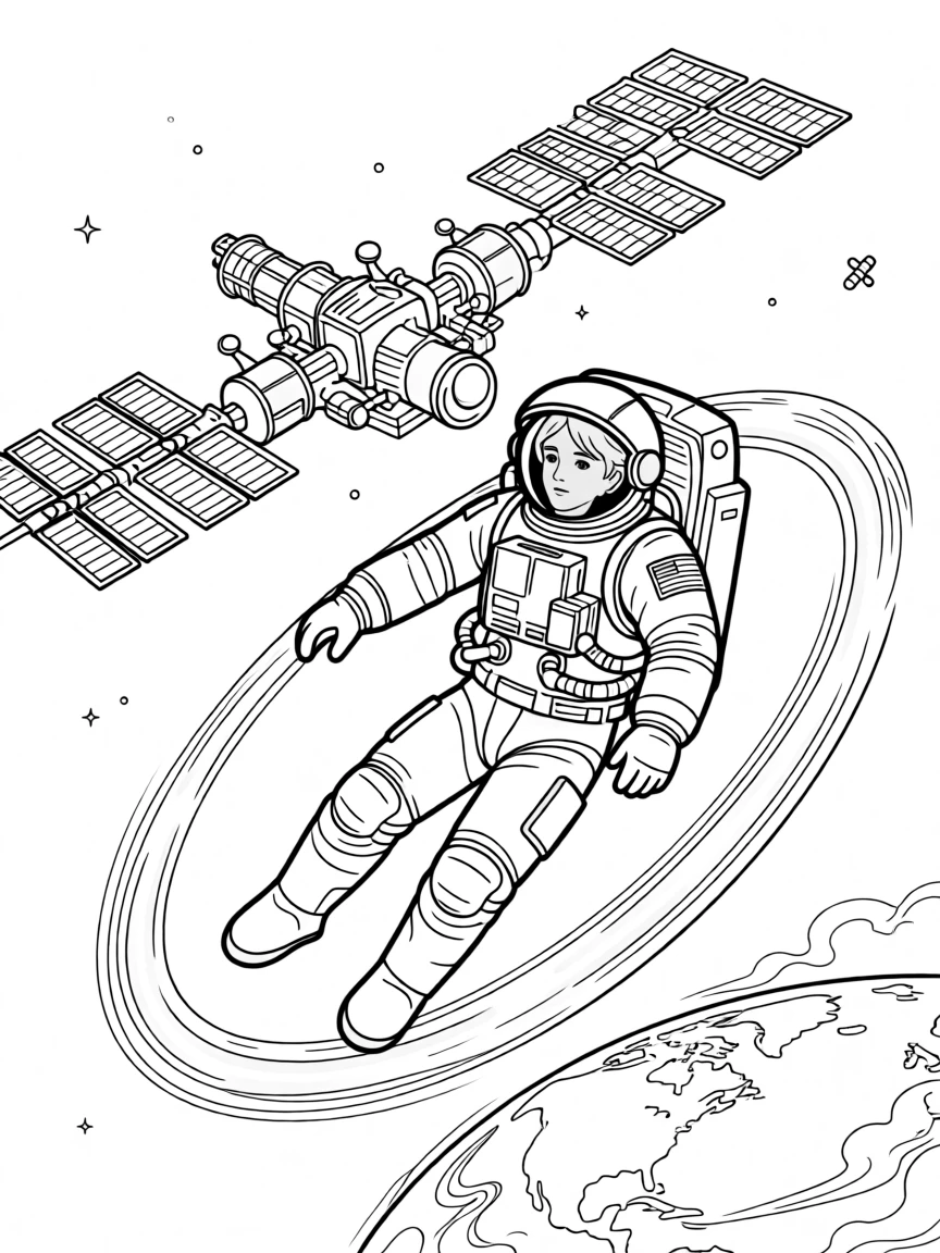 An astronaut floating outside a space station with Earth in view, with a trail of light marking its path through space.
