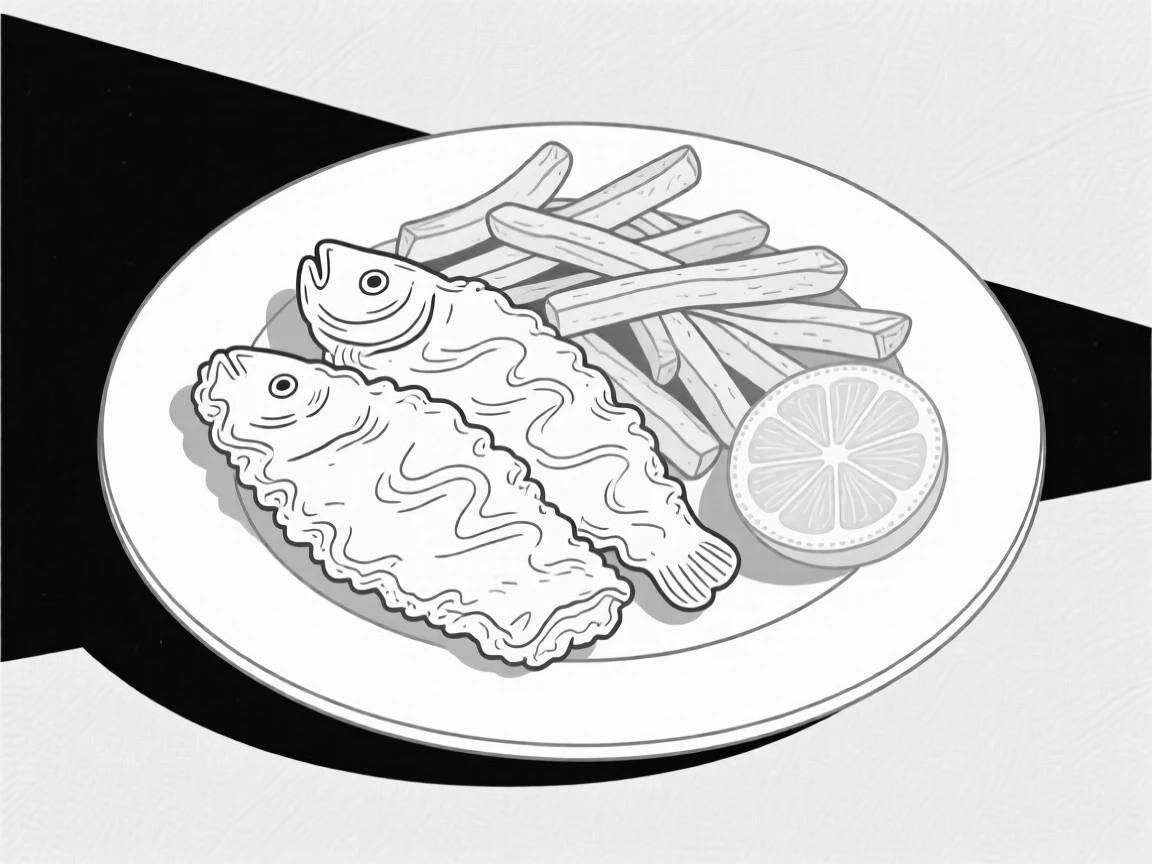 A plate of fish and chips with a lemon wedge garnish