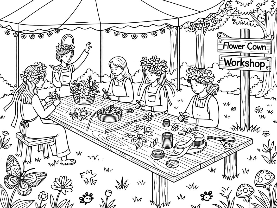 A springtime flower crown workshop scene at an outdoor festival.