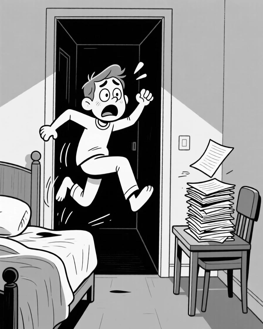 A late sleeper leaping out of bed in a panic, freezing mid-step in dawning realization, set in a dark hallway at home. A stack of ungraded papers teeters nearby. The scene captures the comedy hidden in ordinary days.