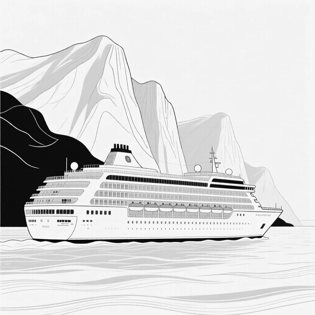 A cruise ship sailing past a dramatic mountainous coastline