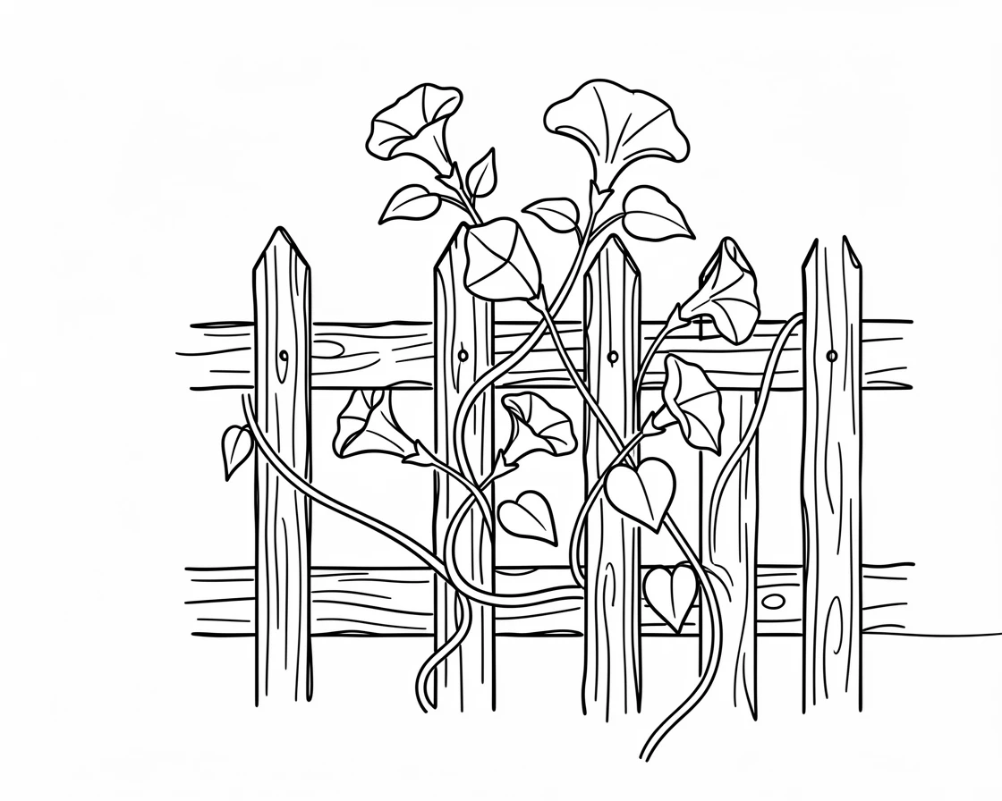 A cluster of morning glories climbing a rustic garden fence