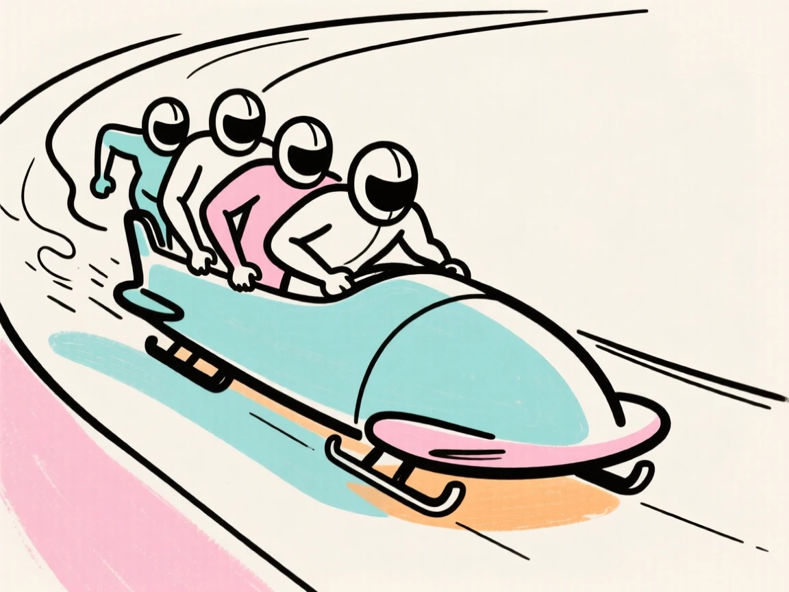 A bobsled team racing down a track