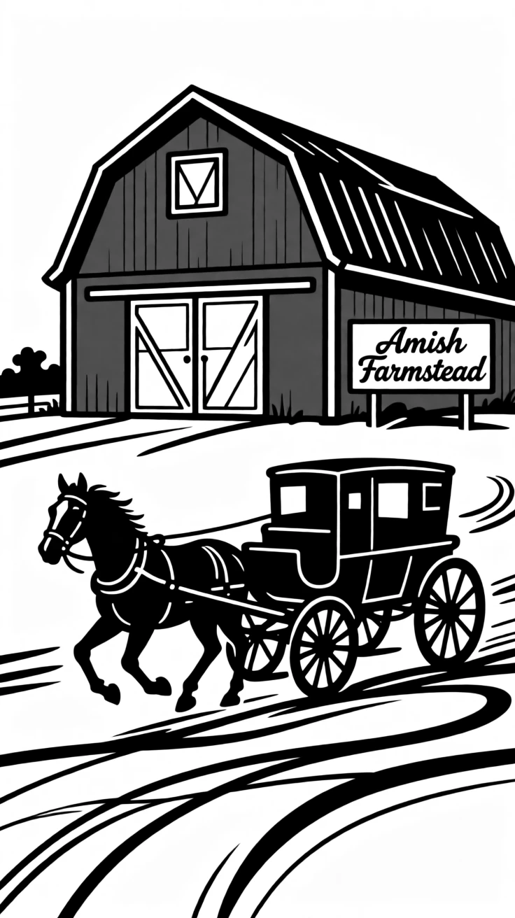 A traditional Amish farm with a horse-drawn buggy passing a red barn.