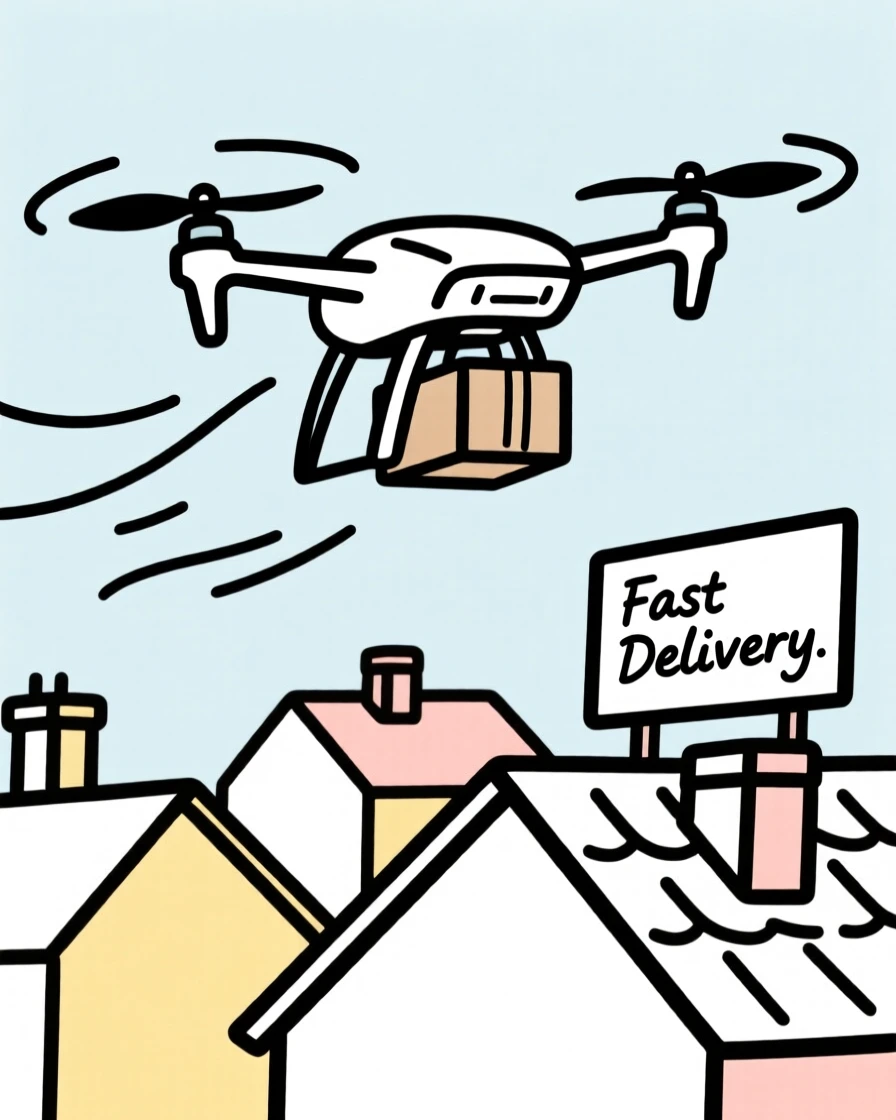 A hovering delivery drone carrying a small package over rooftops.