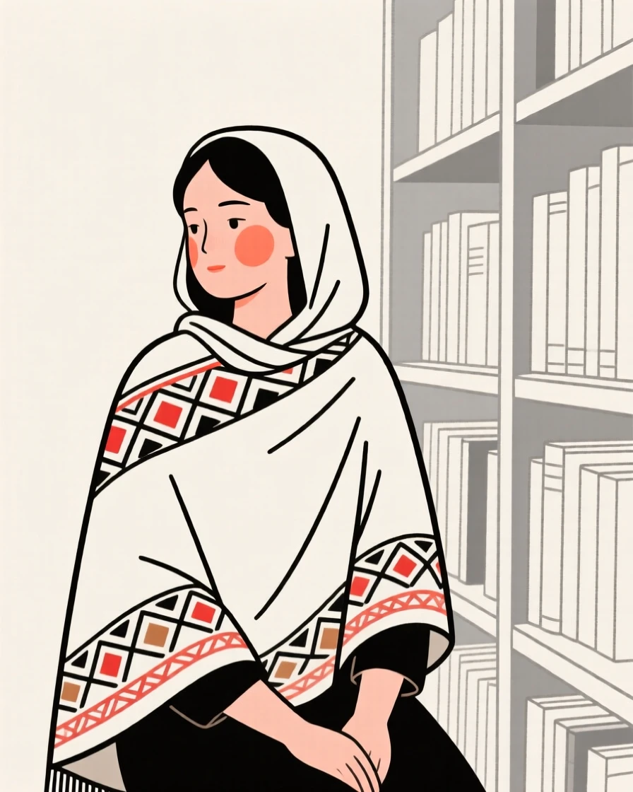 A mother of Moroccan heritage wearing a Peruvian woven poncho, glowing with nostalgia, in a quiet library.