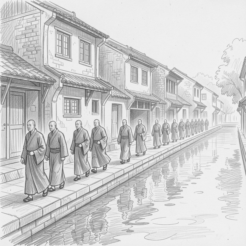 A rich travel moment capturing a group of monks walking in single file at dawn along a quiet canal lined with old buildings, with reflections shimmering on calm water.
