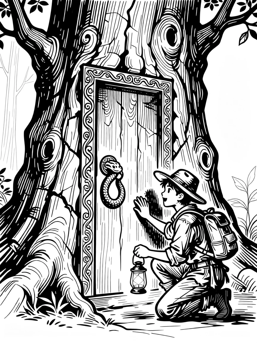 A young explorer discovering a hidden door carved into an ancient tree trunk.
