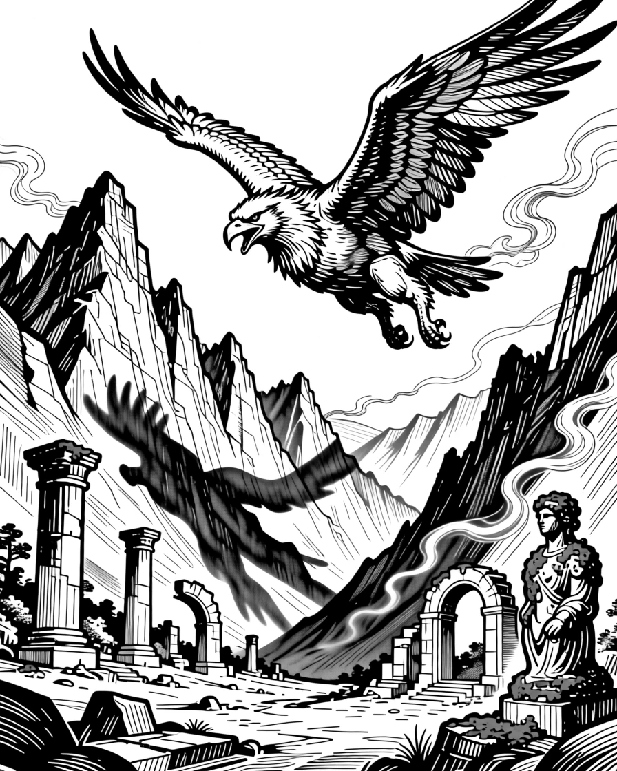A griffin soaring above jagged peaks in a valley scattered with ancient ruins, with shadows shaped like whispered stories, forming an epic and dreamlike fantasy scene.