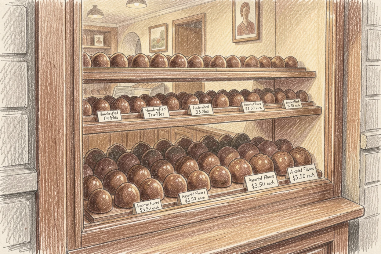A chocolate shop window displaying rows of handcrafted truffles, captured in a quiet, intimate moment full of atmosphere, designed to feel inviting, memorable, and shareable.