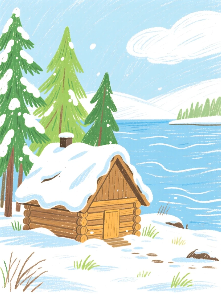A view of a lakeside cabin blanketed in a light dusting of fresh snow.