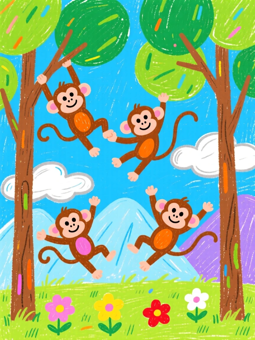 A troop of monkeys swinging through trees as clouds drift over distant mountains.