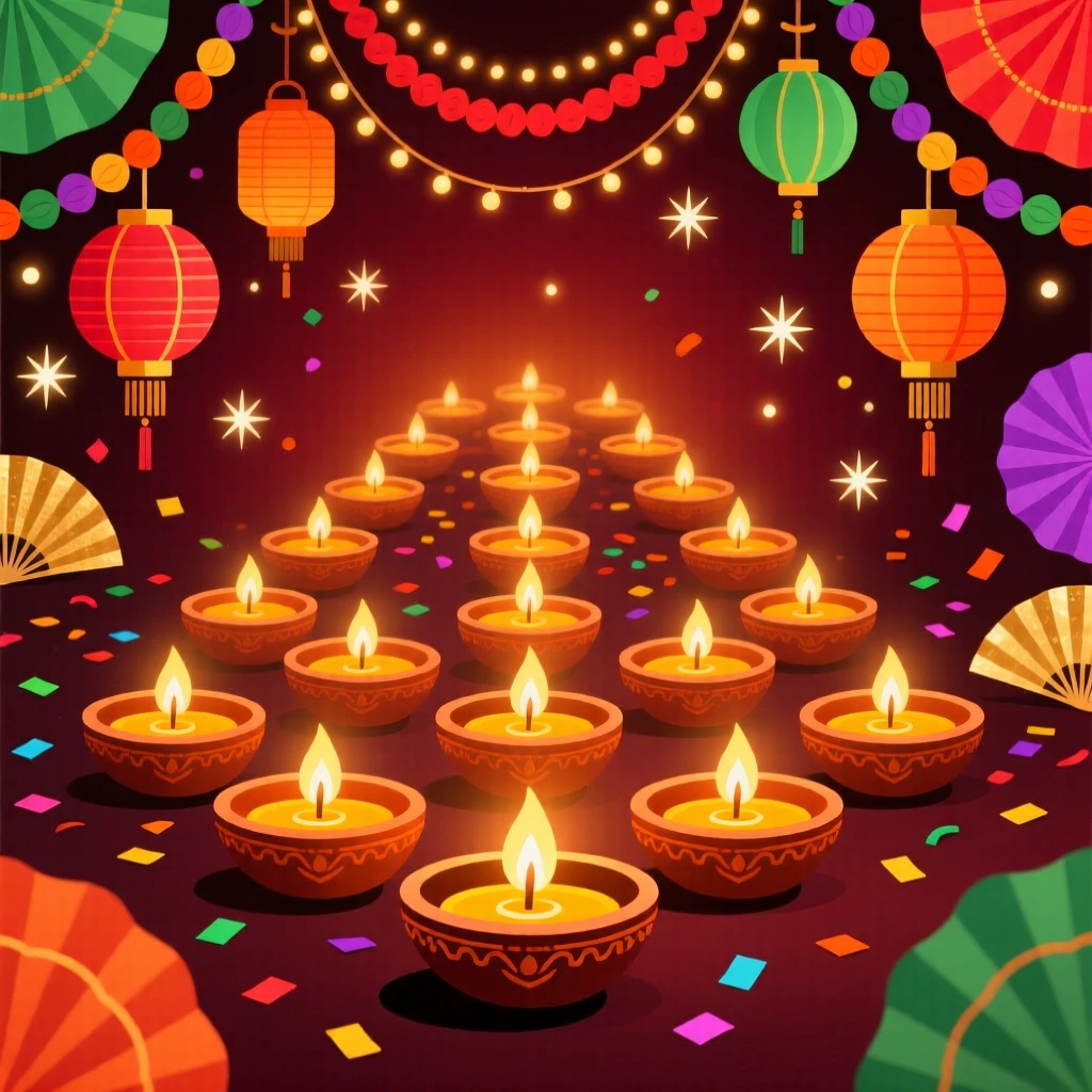 A Diwali celebration with rows of glowing oil lamps, surrounded by confetti and colorful paper decorations, arranged with vibrant colors creating a celebratory mood, with warm twinkling lights adding a magical sparkle.