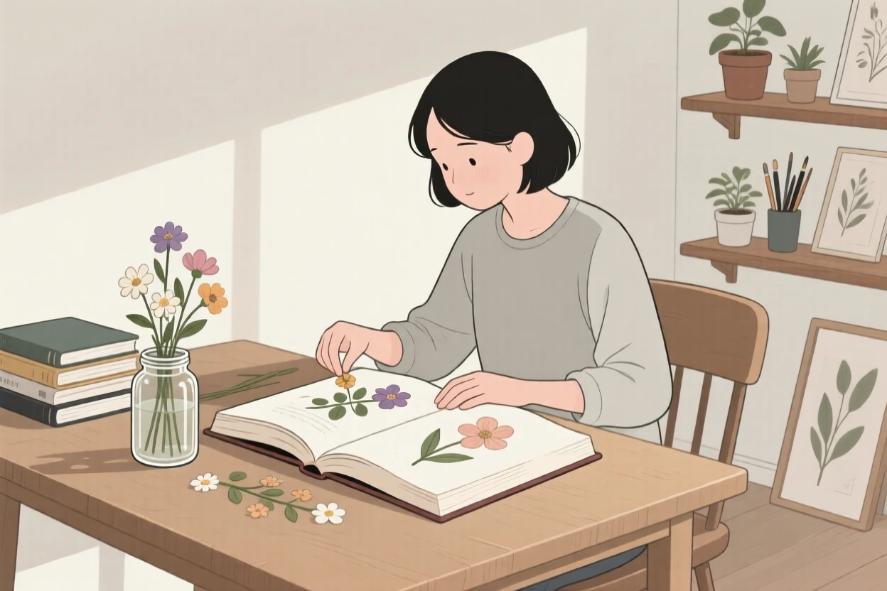 A person pressing flowers into a book in a quiet home studio.
