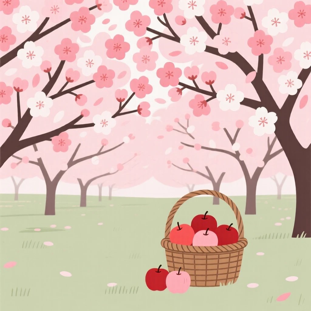 A burst of cherry blossoms covering an orchard as a basket of apples appears in the distance, full of seasonal renewal.