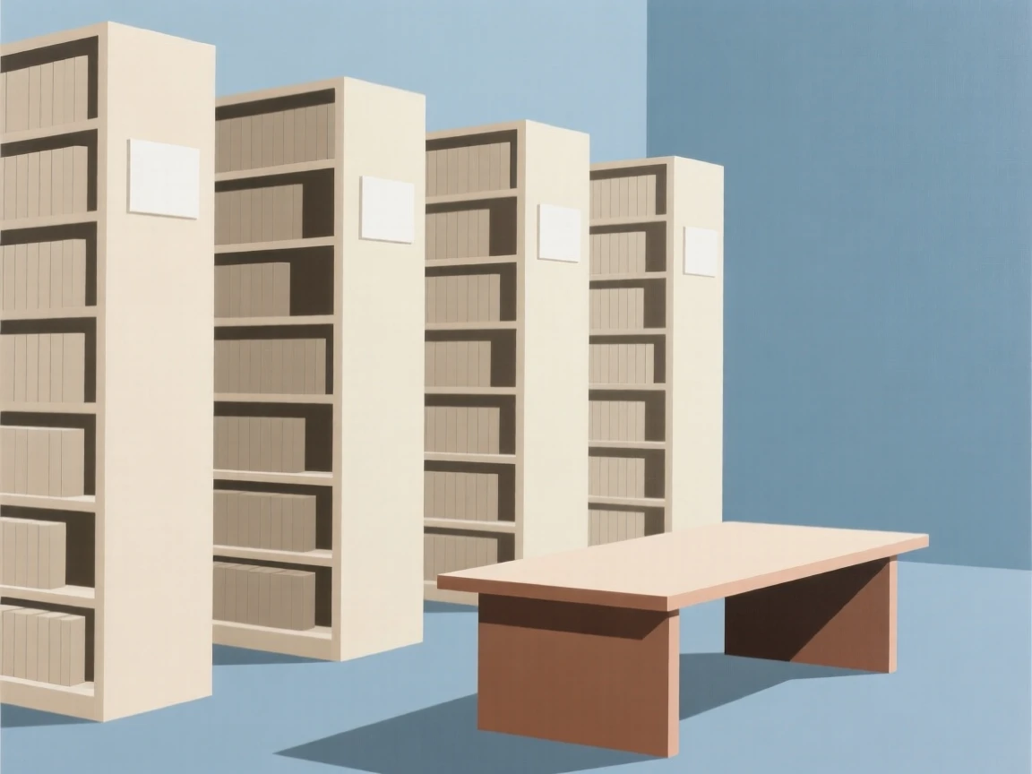 A library with tall shelves of books