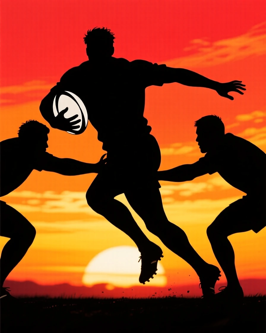 A rugby player breaking through a tackle, ball tucked under one arm.
