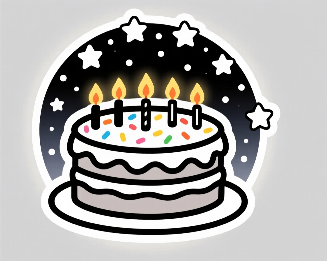 A cozy and heartwarming birthday cake with lit candles ready for a wish, glowing softly in the evening light, under a sky full of stars on a special night.