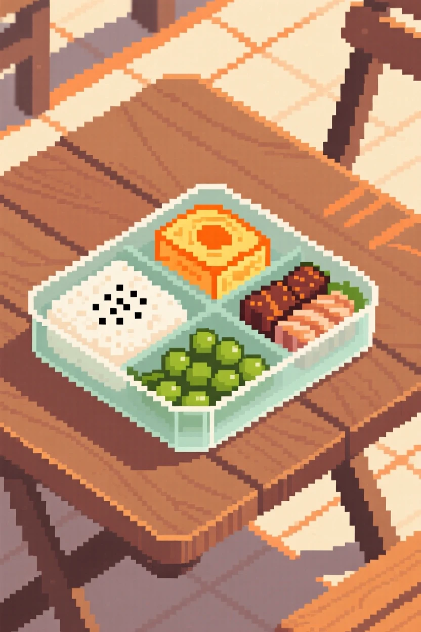 A bento box packed with tiny meals photographed with warm afternoon light streaming in, at an outdoor café table.