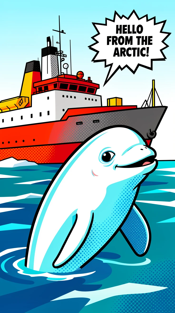 A beluga whale surfacing near an icebreaker ship caught in a candid, joyful moment