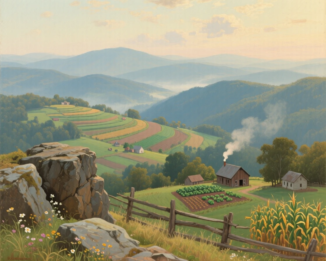 A panoramic view of a scenic viewpoint overlooking a valley dotted with terraced farms, in the Appalachian mountains, in the mid-20th century.