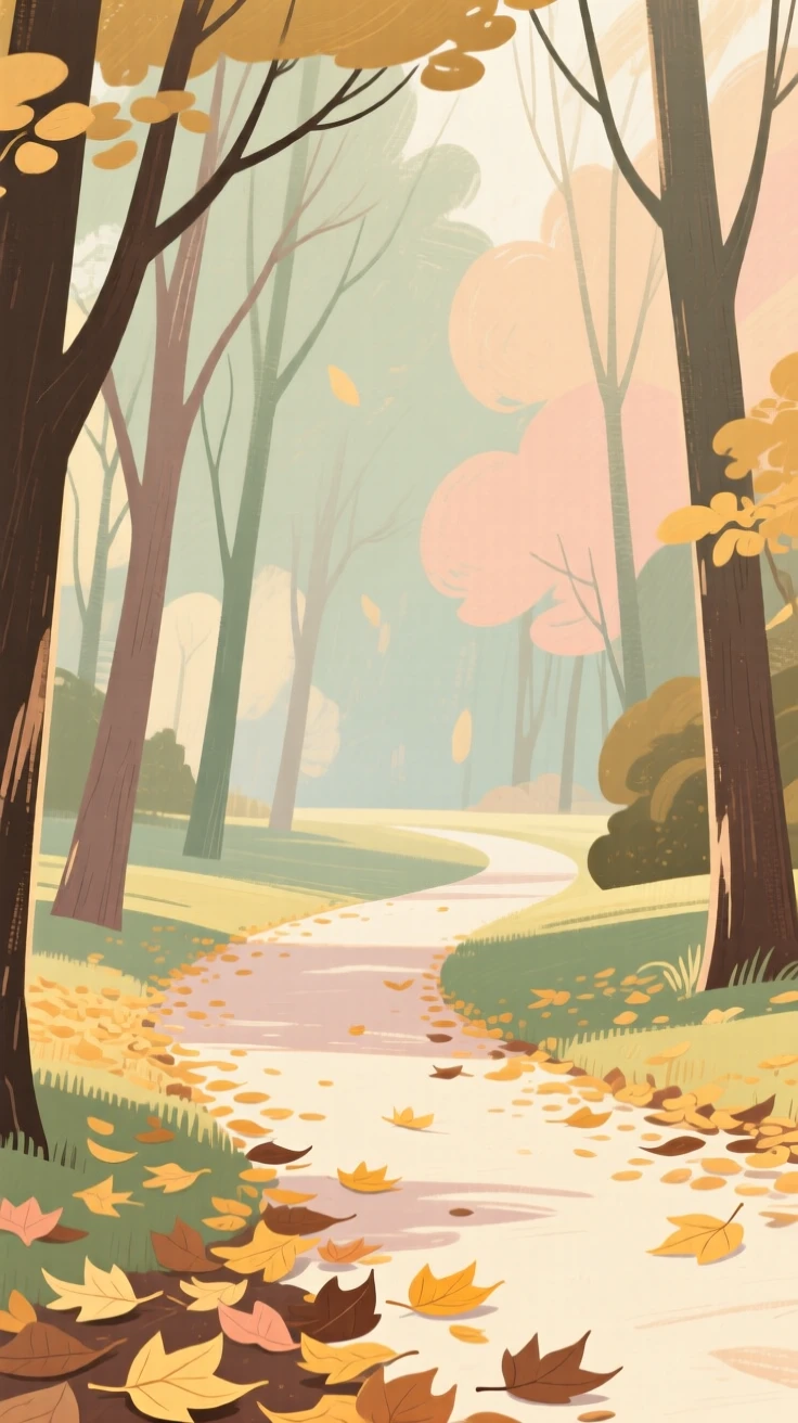 A quiet forest path carpeted with fallen golden leaves