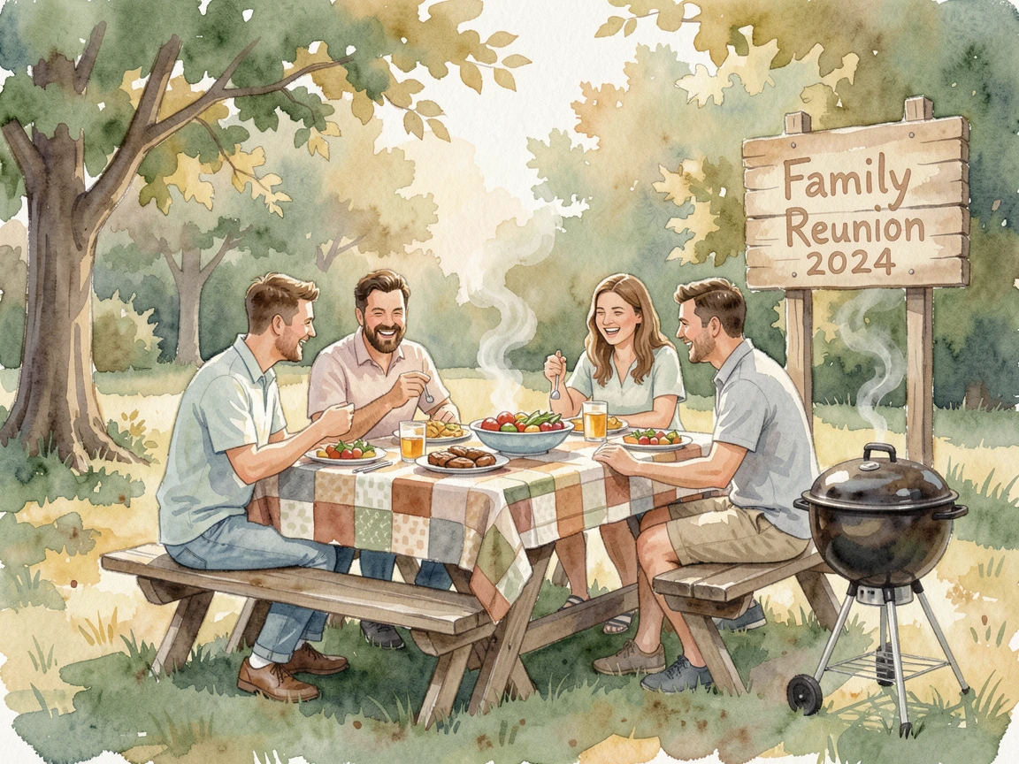 A family reunion barbecue in a backyard with laughter echoing softly.