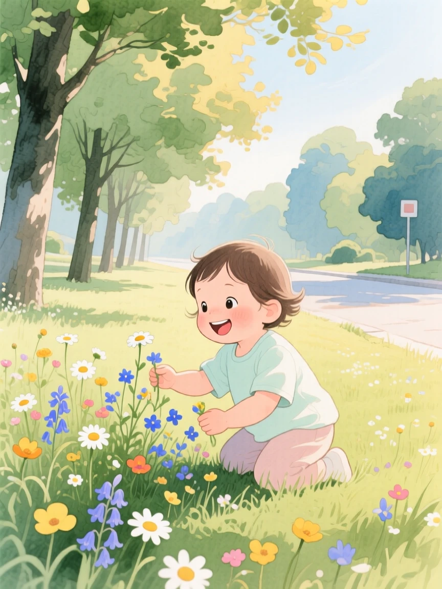 A curious toddler picks wildflowers in a meadow on a tree-lined street, laughter and joy filling the warm afternoon air