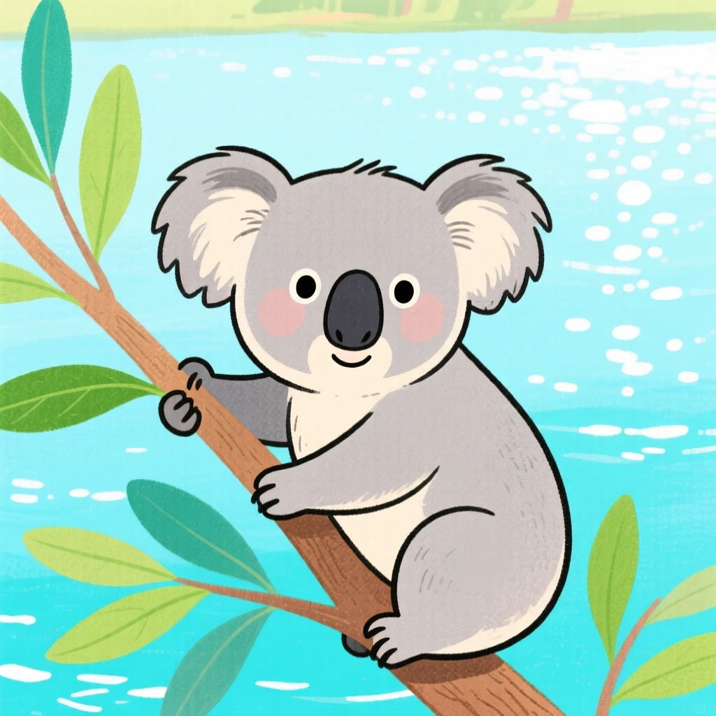 A close-up portrait of a koala clinging to a eucalyptus branch in the edge of a sparkling lake.