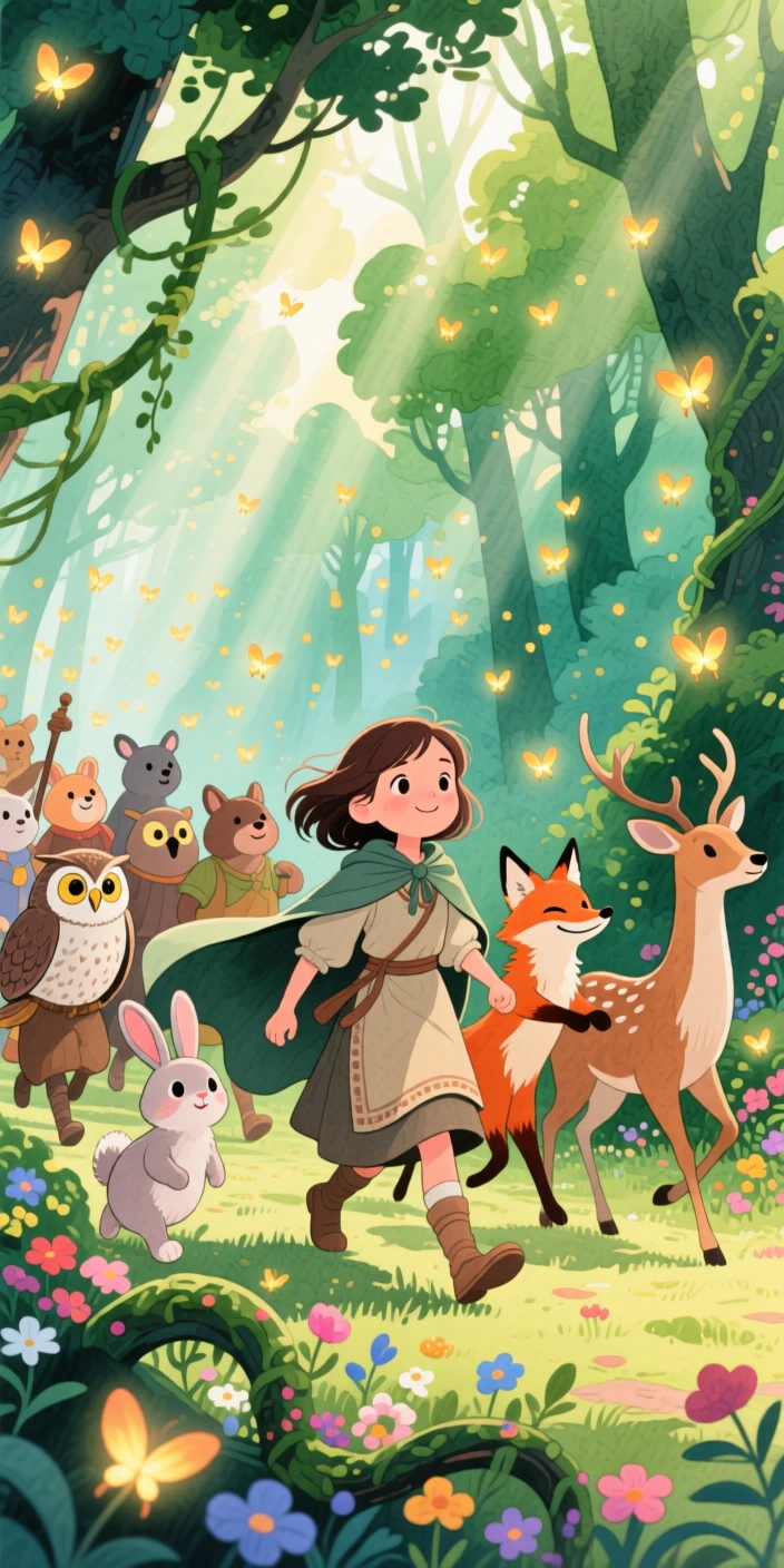 A brave village girl turned hero leading a parade of woodland creatures through the forest, in an enchanted forest glowing with fireflies, radiating hope and heroic determination.