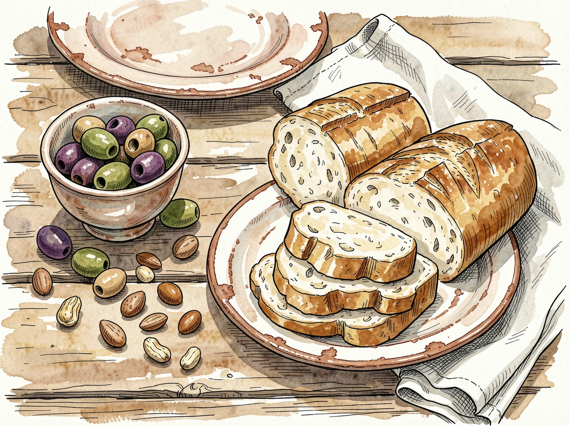 A rustic charcuterie spread with olives, nuts, and crusty bread, rustic tableware adding warmth and character to the setting.
