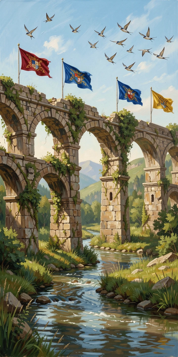 A crumbling stone aqueduct stretching across a valley, flags fluttering atop its highest towers, overlooking a winding river far below, on a clear summer day with swallows circling the towers.