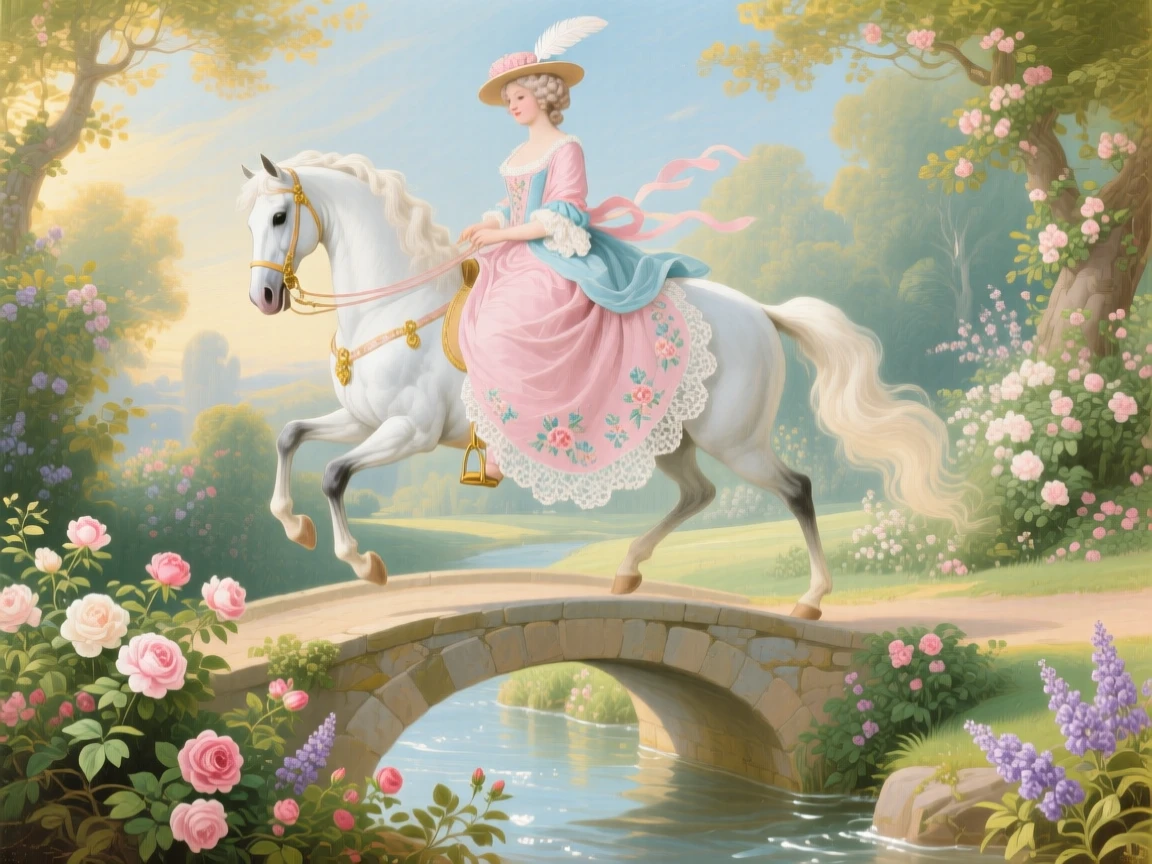 A lady and her horse crossing a stone bridge above a sparkling stream  