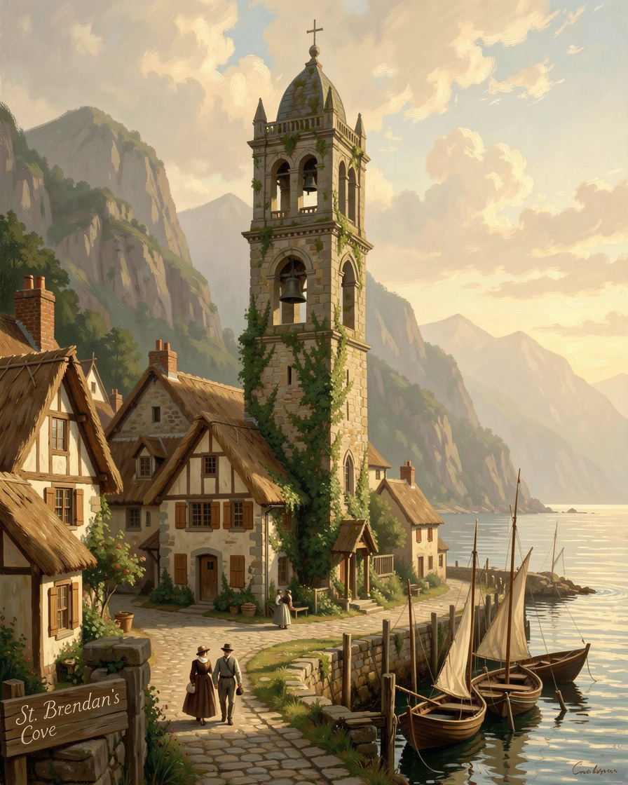 A stone church bell tower rises above a quiet coastal village.