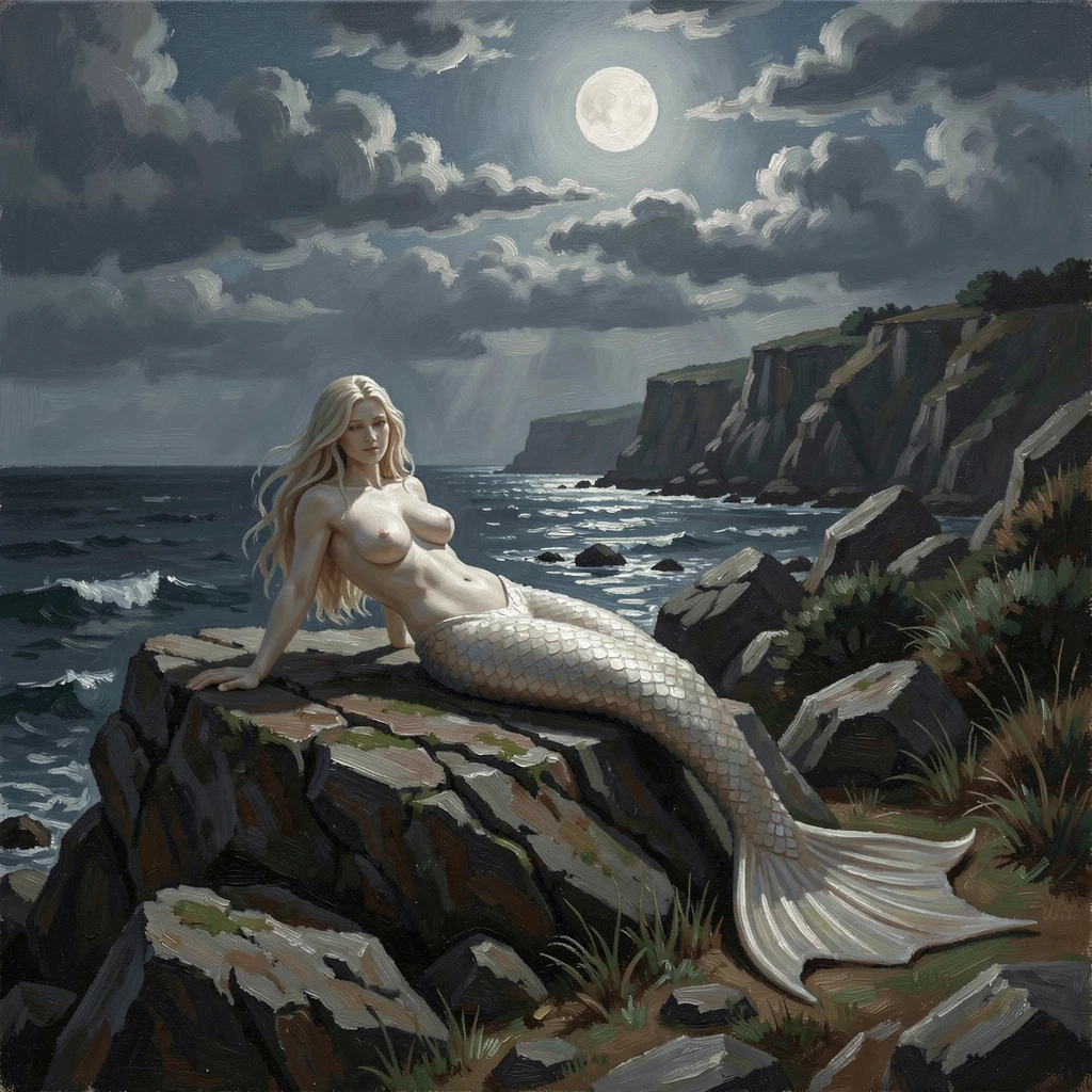 A mermaid resting on a moonlit rock along a rugged, mystical coastline, with dramatic, cinematic lighting enhancing the sense of wonder, creating a scene that feels both magical and entirely believable