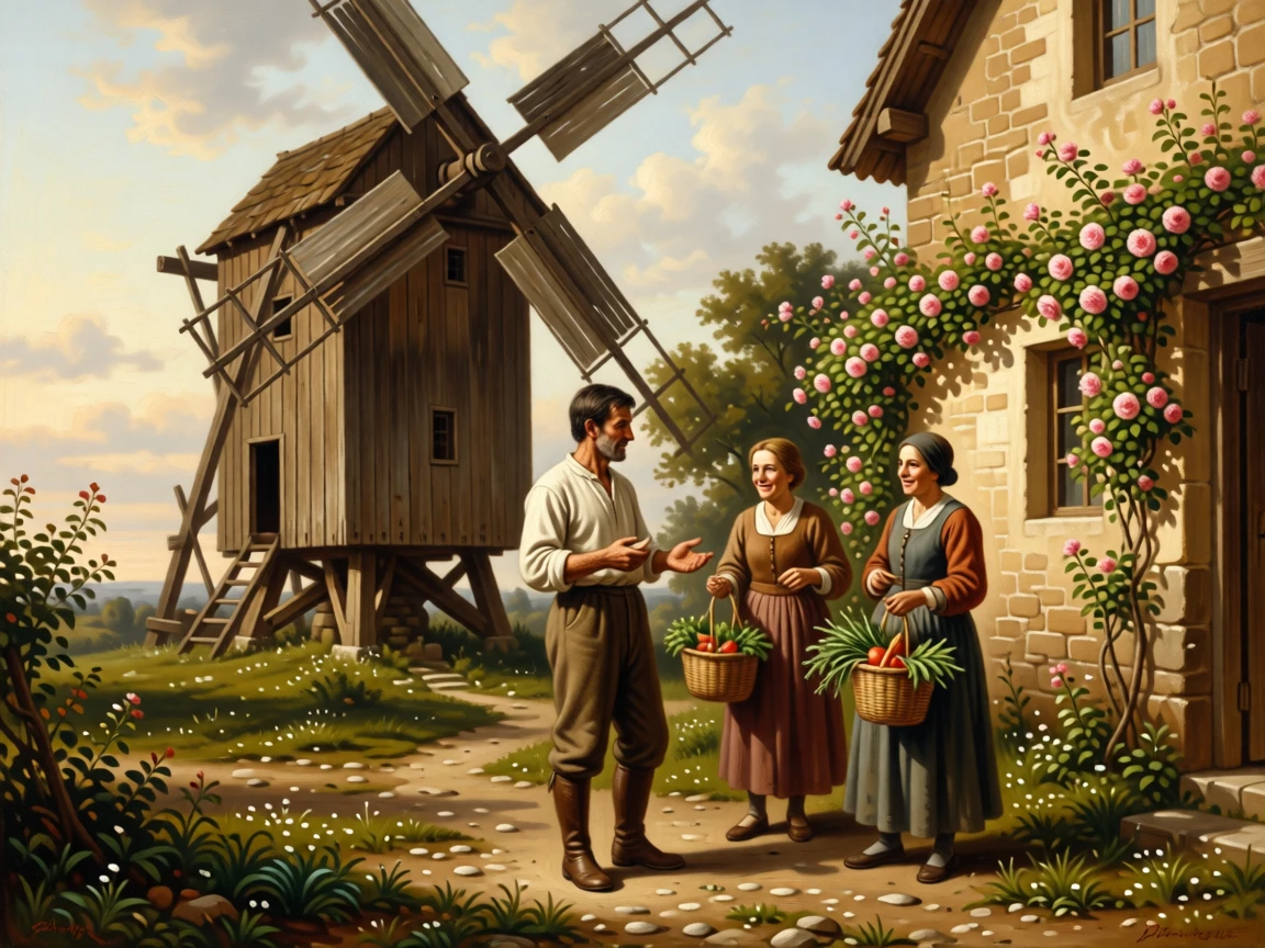 A miller pausing to greet neighbors outside his creaking windmill in a small, quiet moment made luminous and lasting, set beside a rustic cottage framed by climbing roses, with worn hands, simple clothing, and the honest textures of daily labor; warm natural light elevates a humble scene into something timeless, capturing the timeless rhythm of rural and village life.