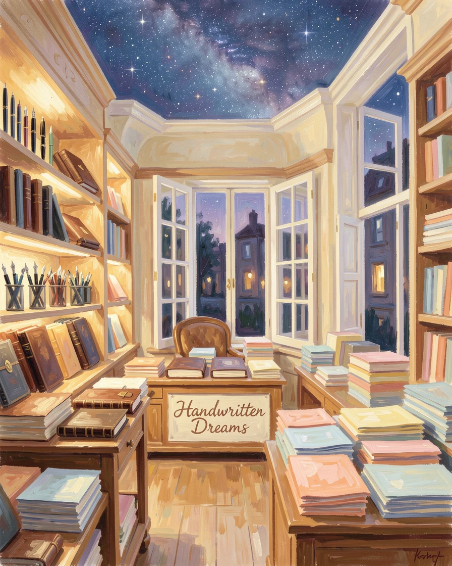A quiet stationery shop filled with fountain pens, leather journals, and shelves of colorful paper, under a canopy of stars, filled with warmth and nostalgia.