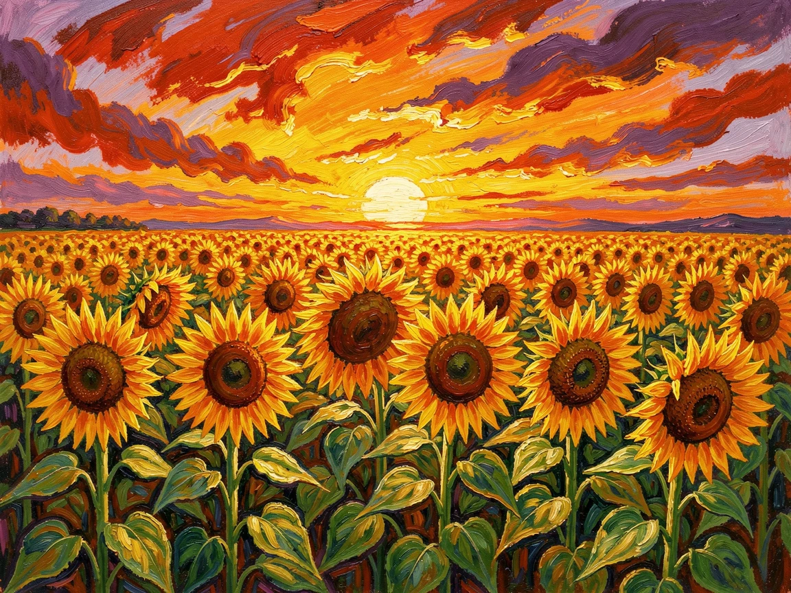 A sunflower field at the peak of summer, heads all turned toward the setting sun.