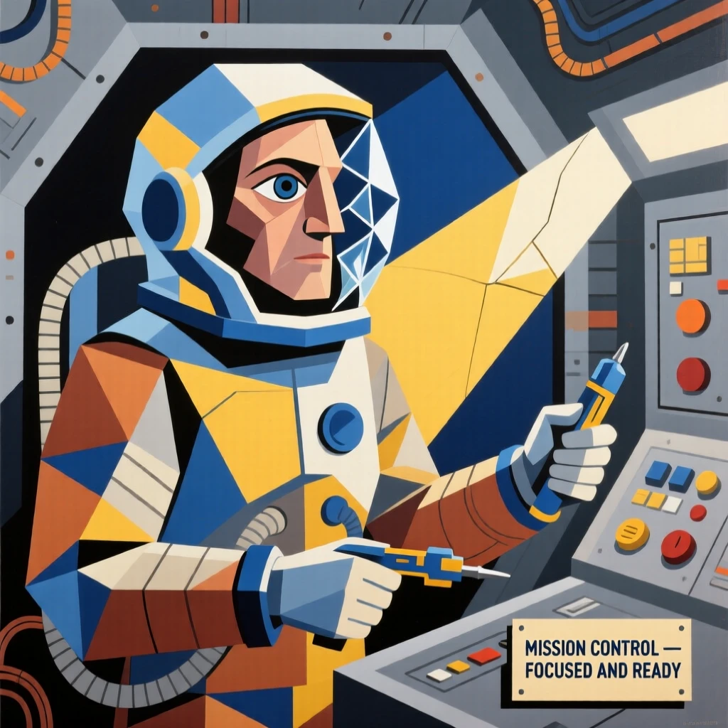 A medium shot portrait of a astronaut pausing mid-task to look toward the light, focused and content in the craft.