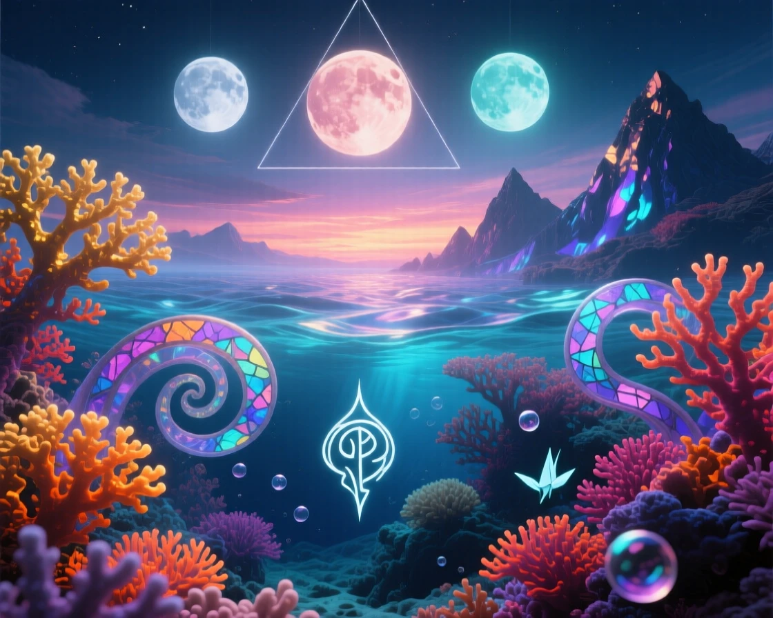 A coral reef glowing with colors that shift like a slow sunset lies silent under the pale glow of three distant moons, while distant mountains seem to shimmer like a mirage.