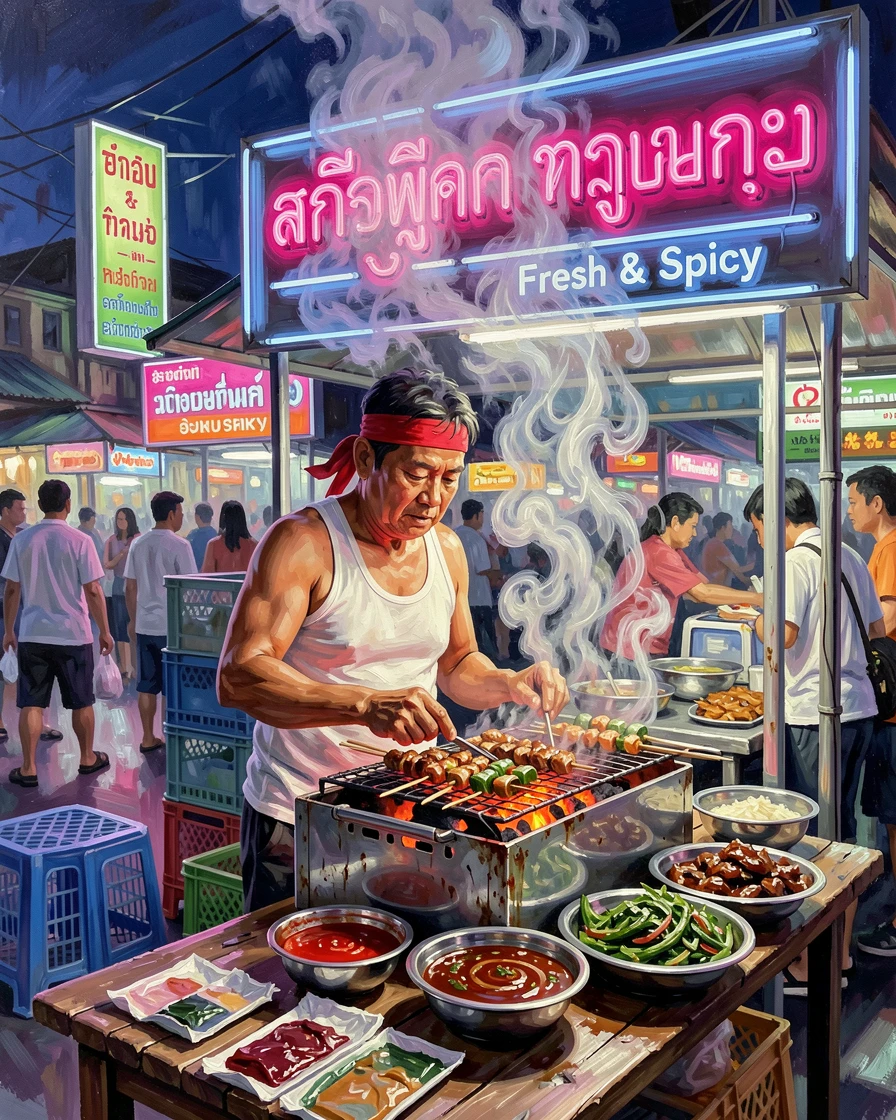 A vibrant street food scene in Bangkok shows a vendor grilling skewers over glowing coals, steam rising into the neon-lit evening air, the atmosphere feeling both timeless and quietly alive with the rhythms of daily life.