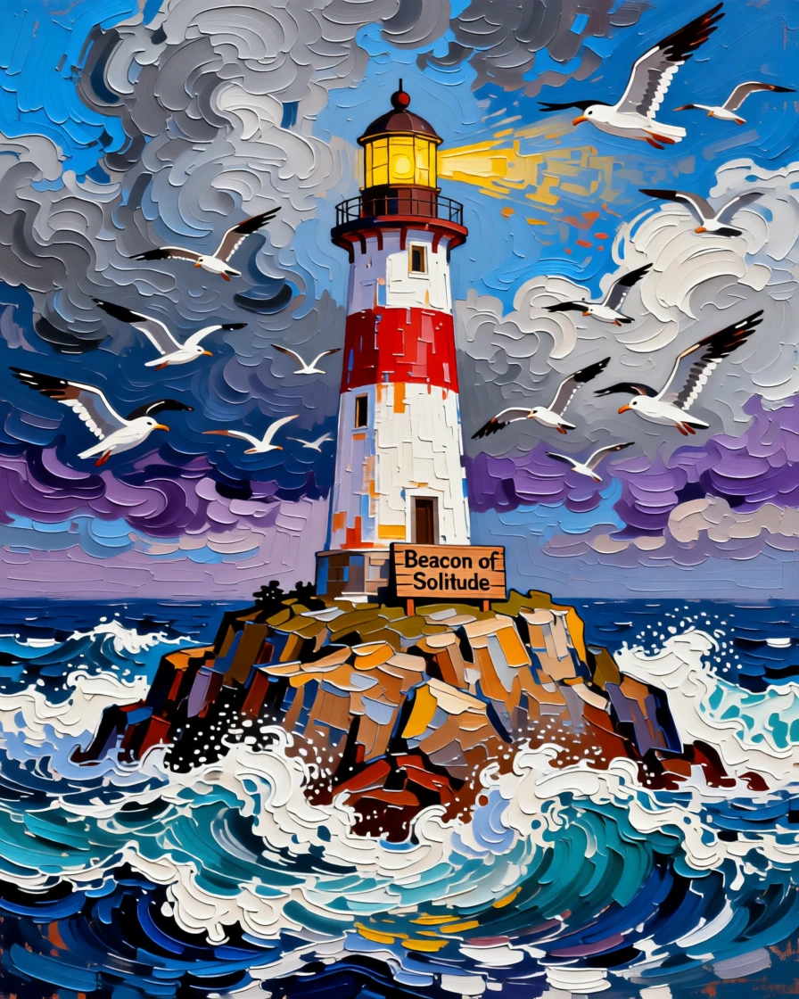 A remote lighthouse island surrounded by crashing waves and circling seabirds