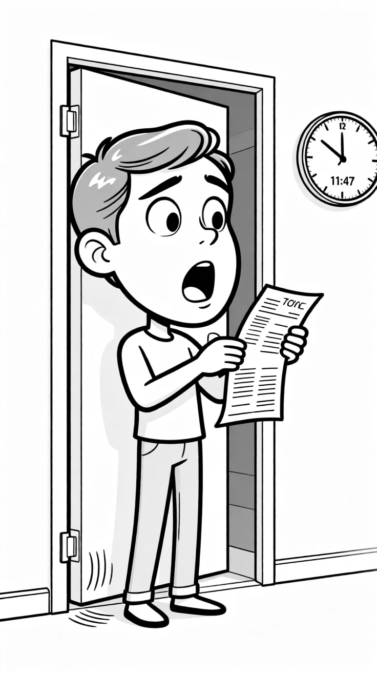 A person doing an enormous double-take at a grocery receipt, wincing with every single squeak of the wheel, set in a bathroom doorway. A clock on the wall reads an alarmingly late hour. It's the kind of relatable blunder everyone secretly recognizes.