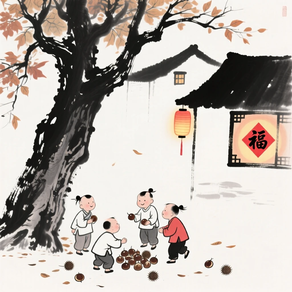 A group of children gather chestnuts beneath an autumn tree, with lanterns beginning to glow in nearby windows.