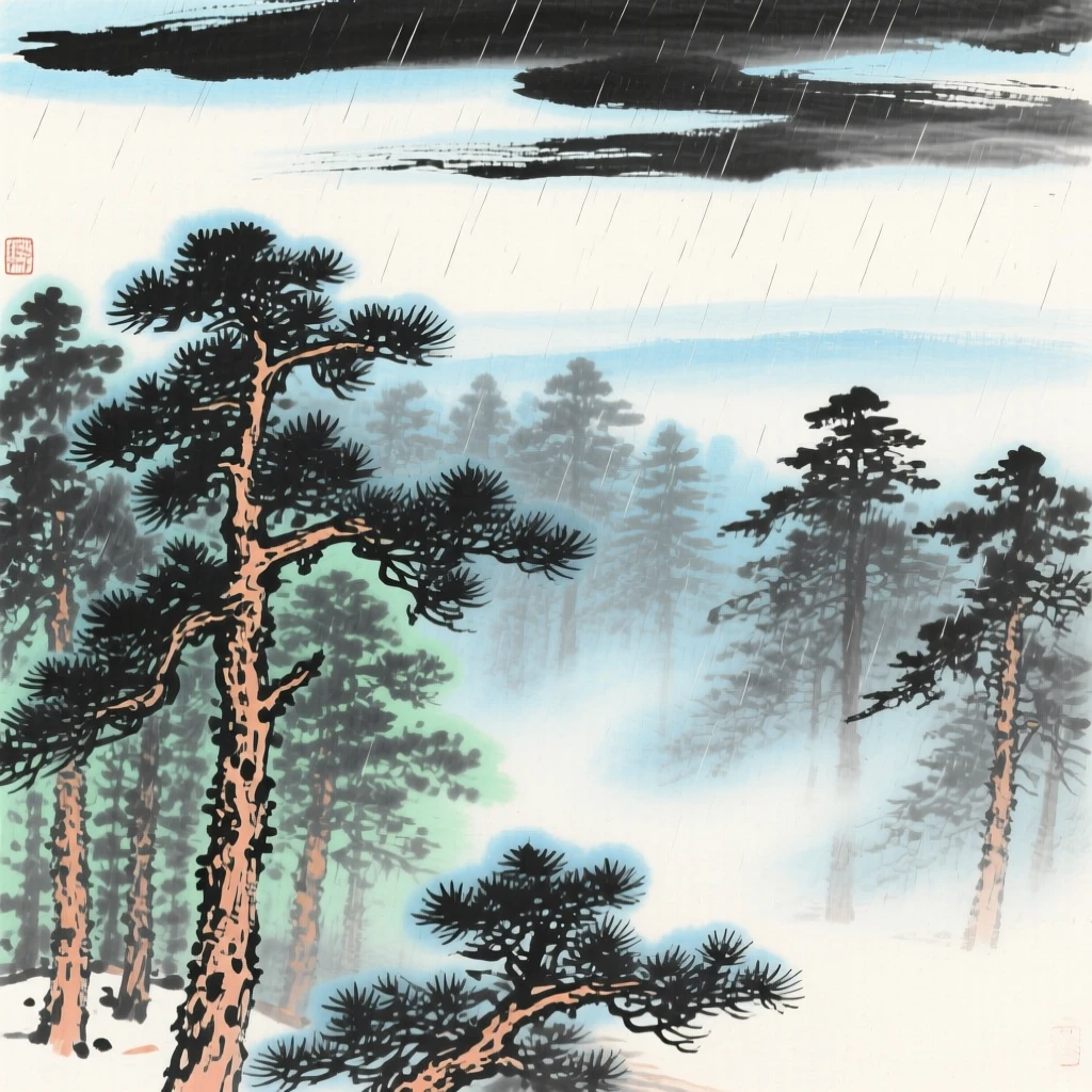 A dense pine forest blanketed in morning fog, beneath a sky washed clean by rain, in the mild days of early winter.