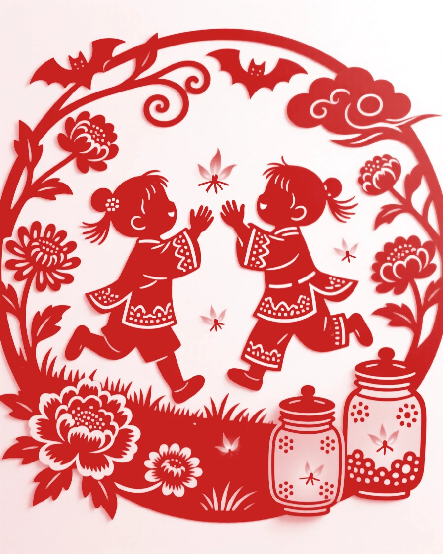 Two children chasing fireflies with cupped hands in a garden at dusk, jars with holes punched in the lids beside them
