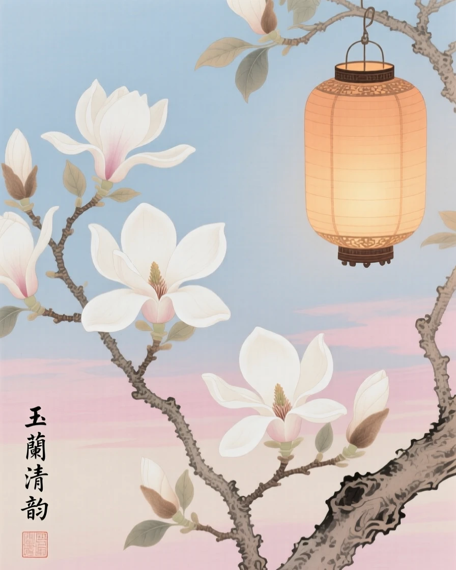 Magnolia flowers against a pale sky under a paper lantern glowing at dusk