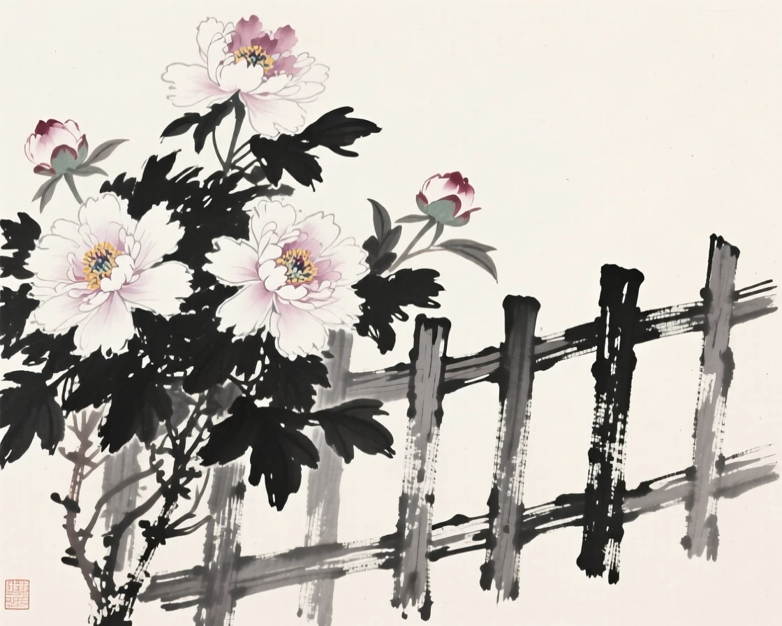 A cluster of peonies in full bloom beside a weathered wooden fence, rendered in close, intimate detail, celebrating the fleeting beauty of the season.