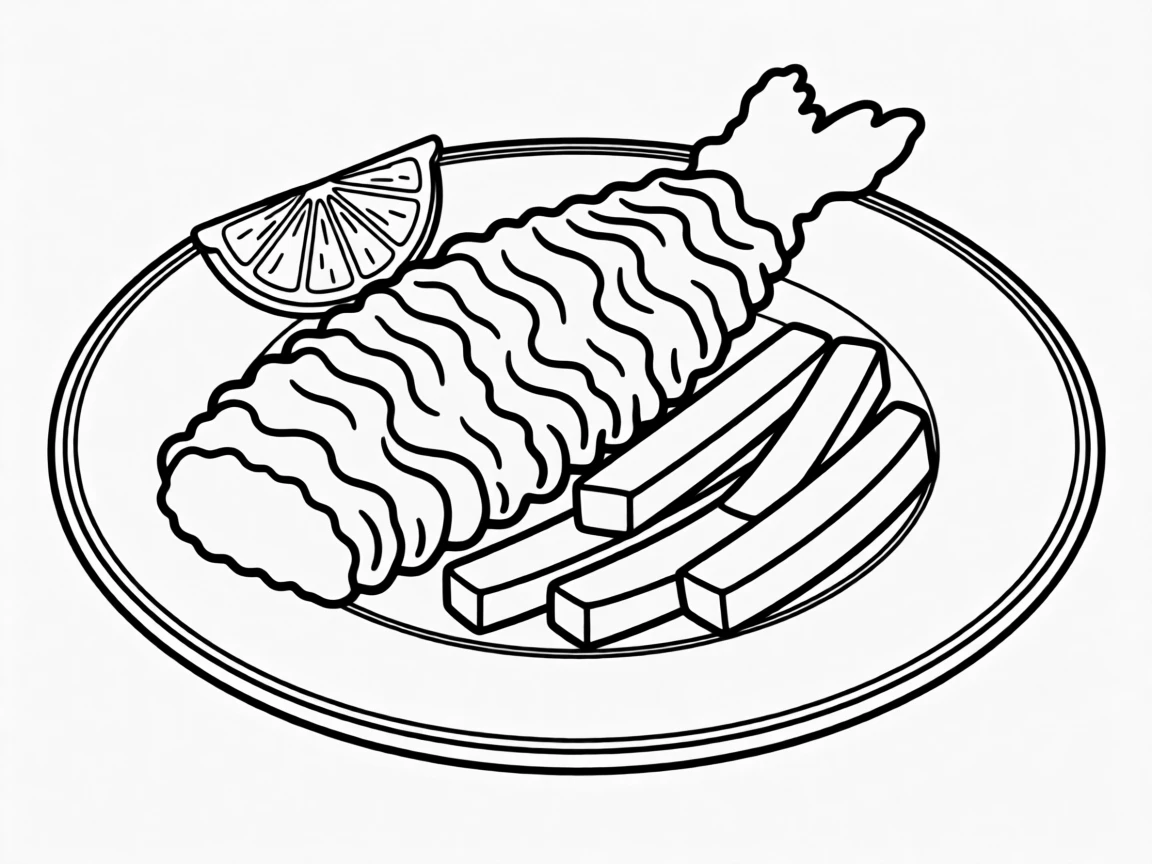 A plate of fish and chips with a lemon wedge garnish
